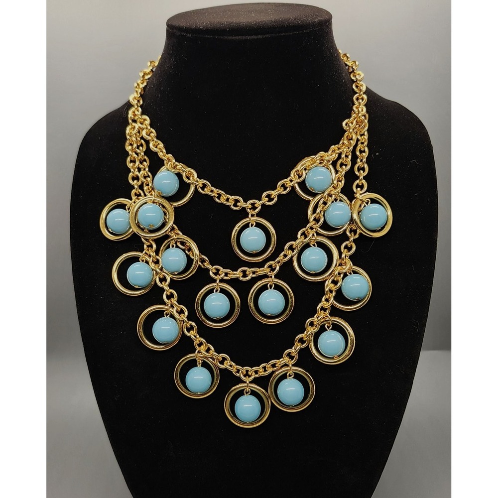 Amrita Singh Layered Bib Statement Necklace Gold Tone Blue Beads Adjustable